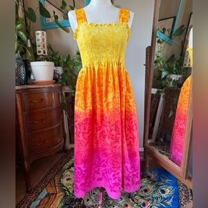Vibrant Ombré Floral Midi Dress, Smocked, Fit And Flare, Medium